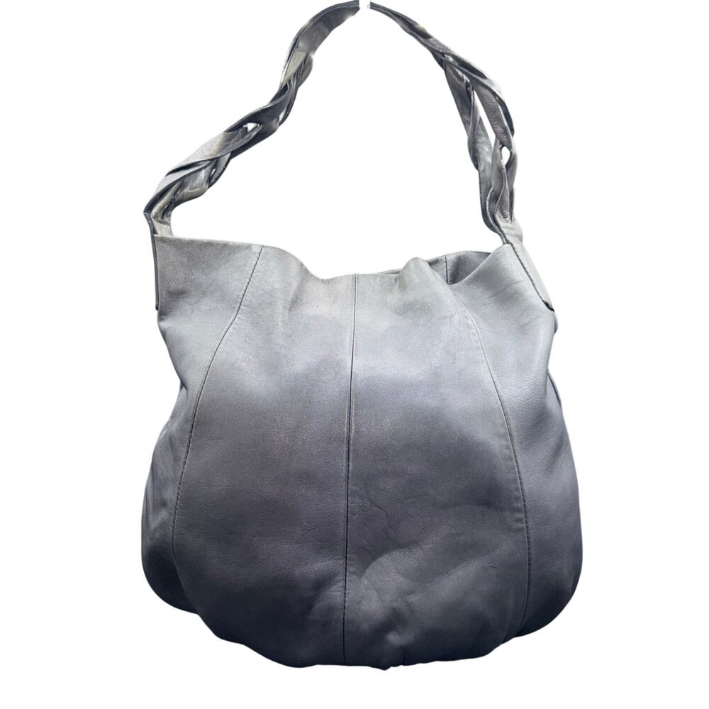 J Jill Metallic Gray Leather Hobo Bag Braided Strap Slouchy Shoulder Purse